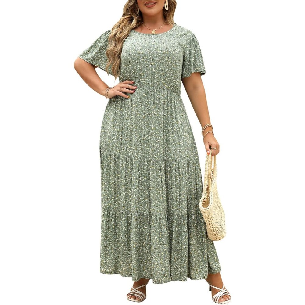 Plus Size Maxi Dress Floral Print Layered Flared Boho Pockets For Casual